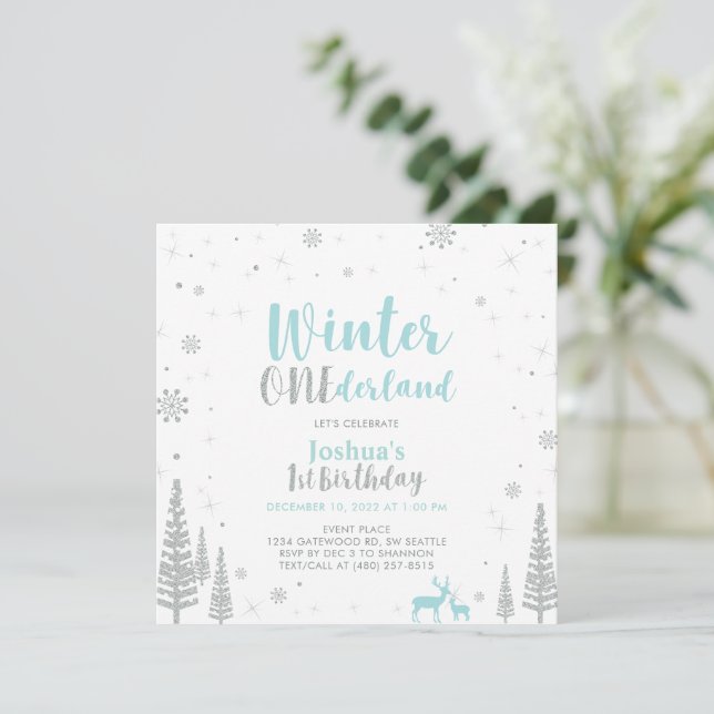 Silver & Blå Vinter Onederland 1:a Första Födelsed Inbjudningar (Stående Fram)