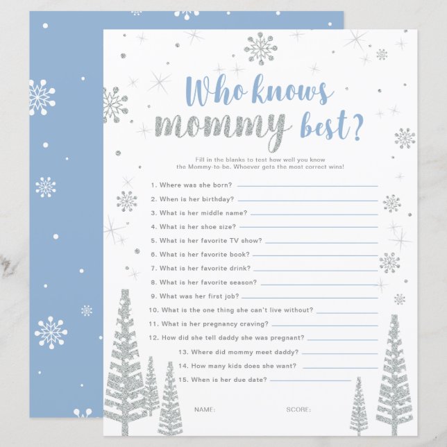 Silver & Blå Vinter Värld Bebis Shower Spel (Fram/baksida)