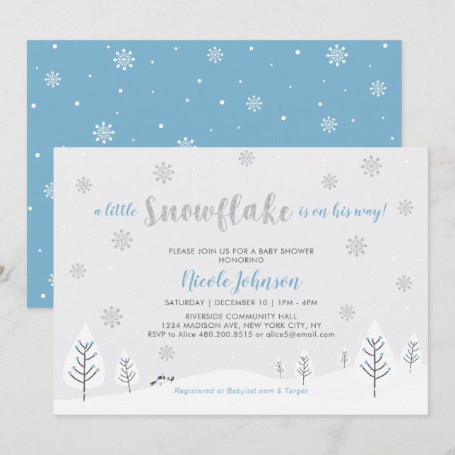 Silver & Blå Vinter Värld Pojk Babyshower Inbjudningar (Fram/baksida)