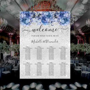 Silver blåa blommor bröllop, sittplatsplan poster