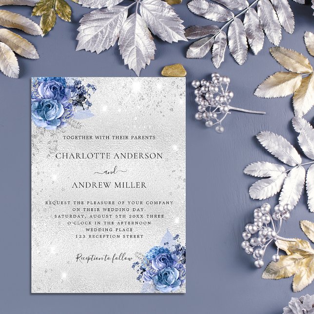 Silver blåa blommor elegant bröllop inbjudan vykort (Skapare uppladdad)