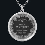 Silver & Black 25:e Bröllop-årsdagen Silverpläterat Halsband<br><div class="desc">Bild av en silver,  glansig blommigt-damm med vita diamanter och anpassade,  25:e Bröllop-årsdagen.</div>