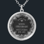Silver & Black 25:e Bröllop-årsdagen Silverpläterat Halsband<br><div class="desc">Bild av en silver,  glansig blommigt-damm med vita diamanter och anpassade,  25:e Bröllop-årsdagen.</div>