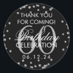 Silver Black 60th Birthday Thank You Confetti Runt Klistermärke<br><div class="desc">Elegant 60:e födelsemallen "Tack" Silver Faux Glitter Confetti Black.</div>