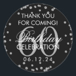 Silver Black 60th Birthday Thank You Confetti Runt Klistermärke<br><div class="desc">Elegant 60:e födelsemallen "Tack" Silver Faux Glitter Confetti Black.</div>