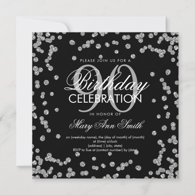 Silver Black 90:e Birthday Glitter Confetti Inbjudningar (Framsida)