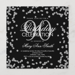 Silver Black 90:e Birthday Glitter Confetti Inbjudningar