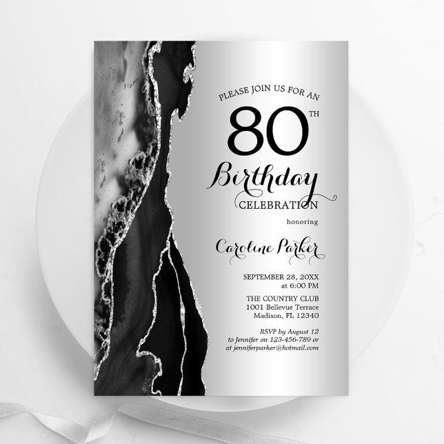 Silver Black Agate 80:e födelsedagen Inbjudningar (Skapare uppladdad)