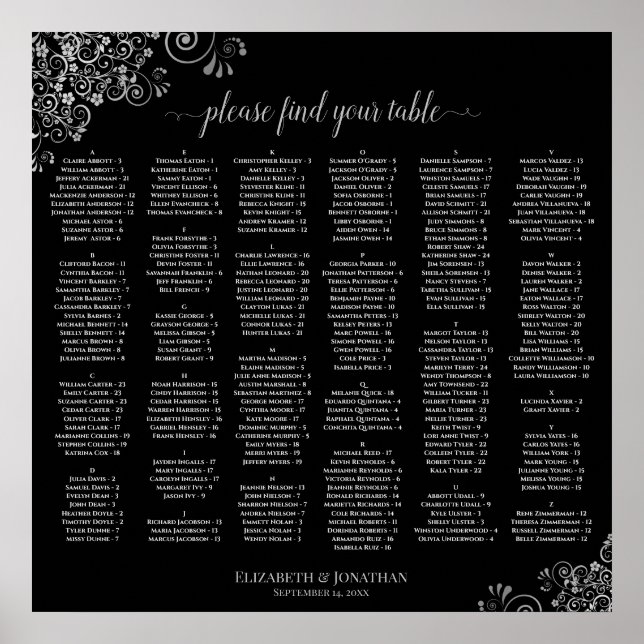 Silver & Black Alfabetisk Bröllopsställningsplan Poster (Framsidan)