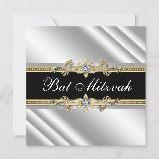 Silver Black and Gold Bat Mitzvah Inbjudningar (Framsida)