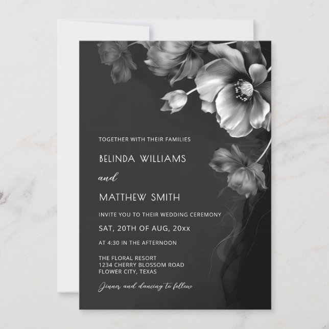 Silver Black And White Flowers Wedding Invitation Inbjudningar (Framsida)