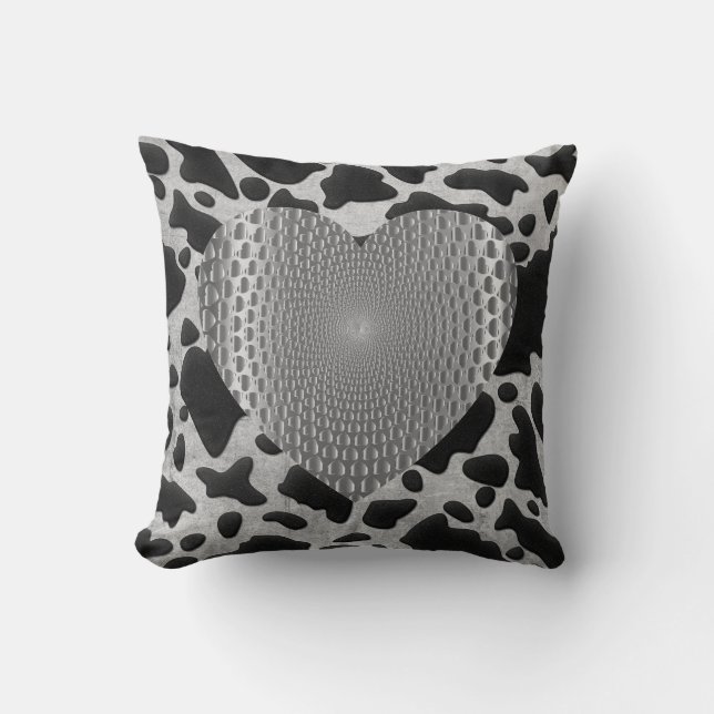 Silver & Black Animal Print Silver Prismatic Heart Kudde (Framsida)