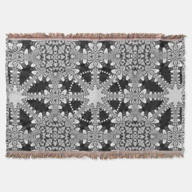 Silver + Black Arabesque Geometric Mandala Blanket Filt (Framsidan)