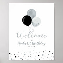 Silver & Black Ballonger Pojke 1-års Födelsedags V