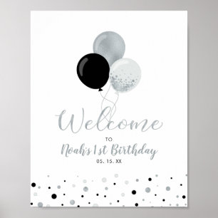 Silver & Black Ballonger Pojke 1-års Födelsedags V Poster