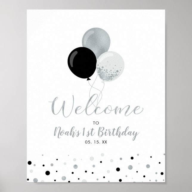 Silver & Black Ballonger Pojke 1-års Födelsedags V Poster (Framsidan)