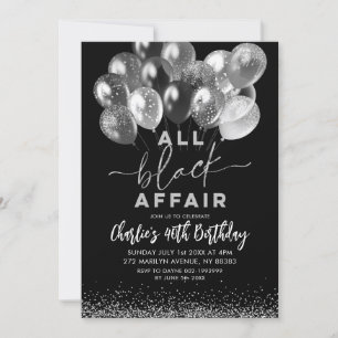 Silver Black Balloon All Black Affair Birthday Inbjudningar