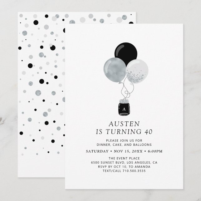 Silver & Black Balloon Modern Vuxen Födelsedagsfes Inbjudningar (Fram/baksida)