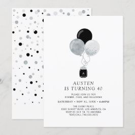 Silver & Black Balloon Modern Vuxen Födelsedagsfes Inbjudningar