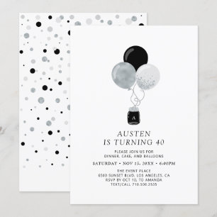 Silver & Black Balloon Modern Vuxen Födelsedagsfes Inbjudningar