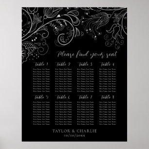 Silver Black Blommigt Bröllop 8 Bord Sittdiagram f Poster