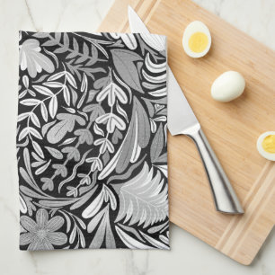 Silver Black Blommigt Lövs Illustration Mönster Kökshandduk