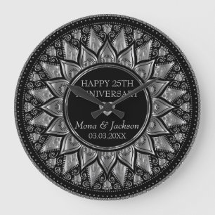 Silver & Black Blommigt Mandala Bröllop-årsdagen Stor Klocka