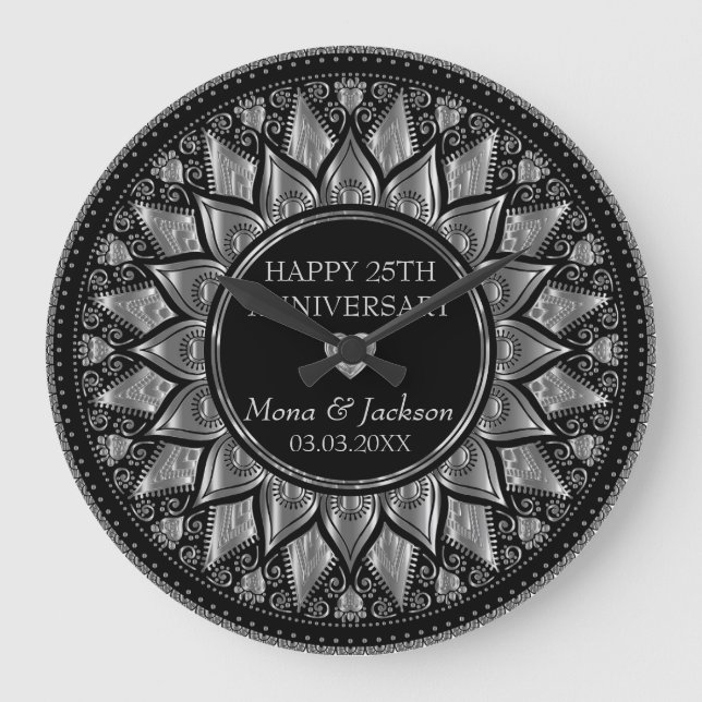 Silver & Black Blommigt Mandala Bröllop-årsdagen Stor Klocka (Framsida)