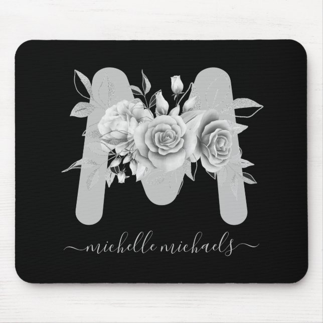 Silver Black Blommigt Watercolor Monogram Musmatta (Framsidan)