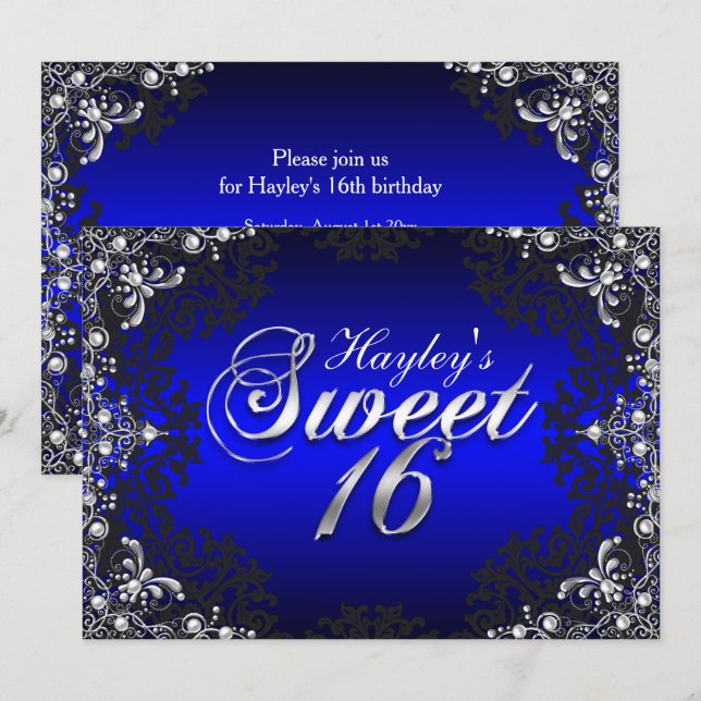 Silver Black Blue Pearl Damask Sweet 16 Inbjudan (Fram/baksida)