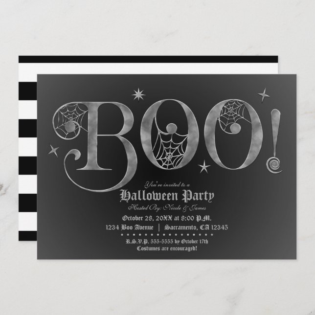 Silver & Black BOO Elegant Halloween fest Inbjudningar (Fram/baksida)