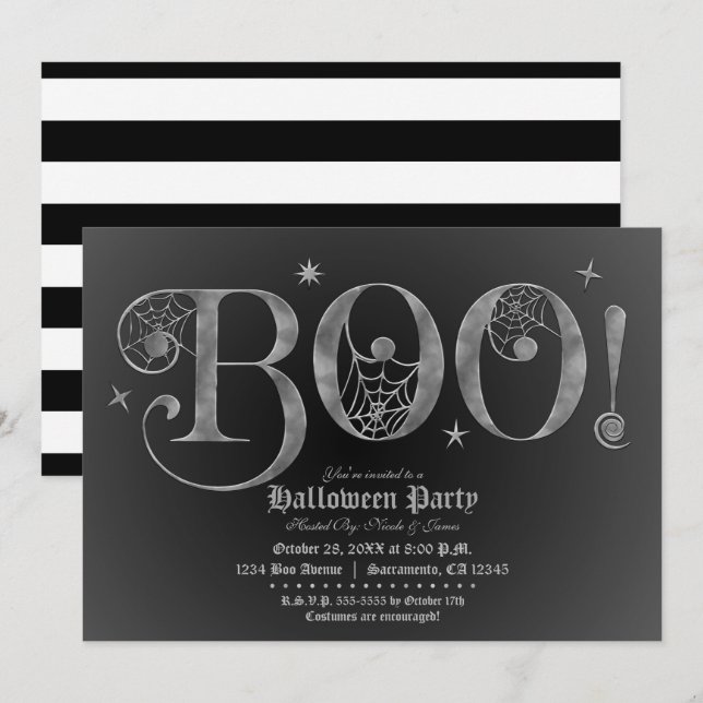 Silver & Black BOO Elegant Halloweenfest   Inbjudningar (Fram/baksida)