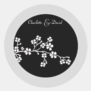 Silver Black Cherry Blommar Bröllop Sticker Runt Klistermärke