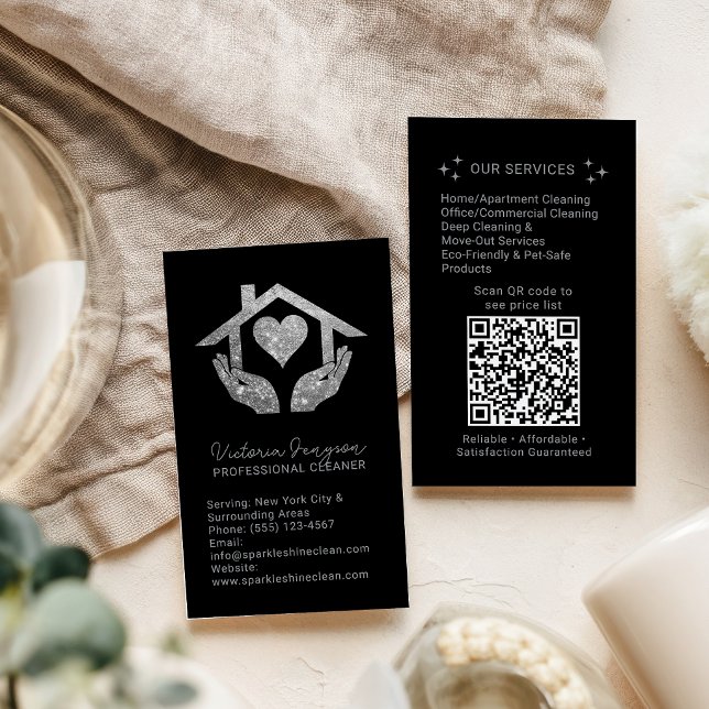 Silver Black Cleaning Service Maid QR Code Logo Visitkort (Silver Black Cleaning Service Maid QR Code Logo Business Card
)