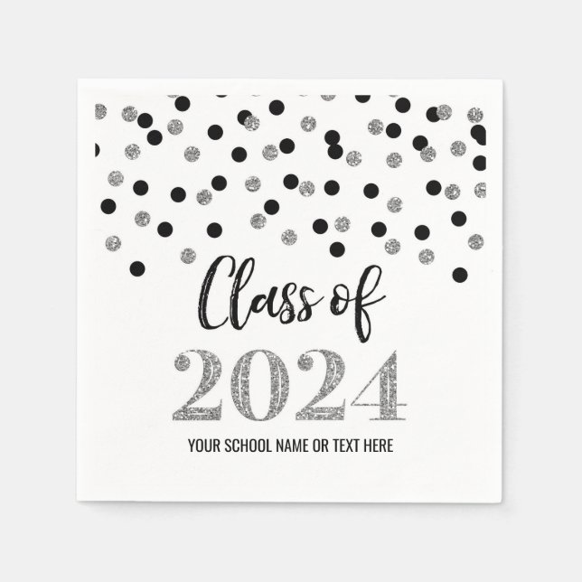 Silver Black Confetti klass 2024 Napkins Pappersservett (Framsidan)