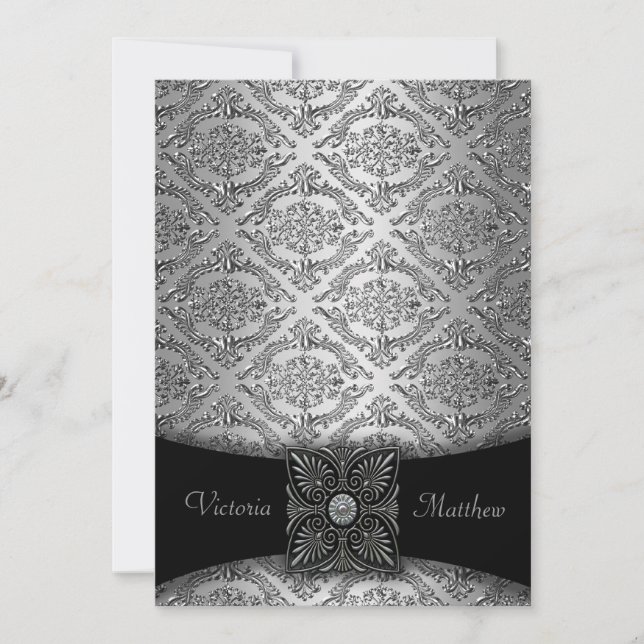 Silver & Black Damask Bröllopsinbjudningar Inbjudningar (Framsida)
