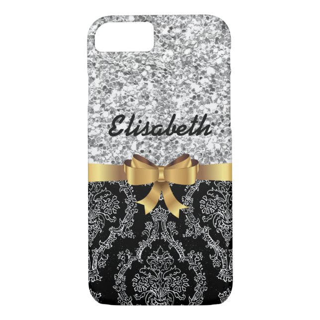 SILVER BLACK DAMASK GOLDEN BOW MONOGRAM Case-Mate iPhone SKAL (Baksida)
