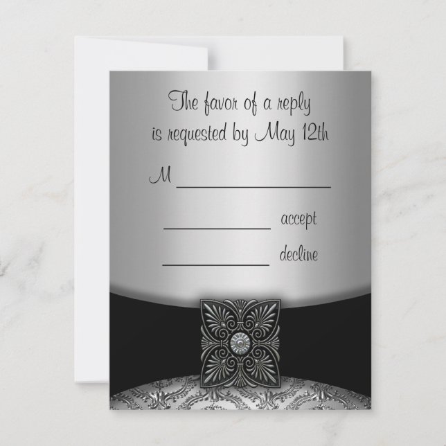 Silver & Black Damask RSVP-kort OSA Kort (Framsida)