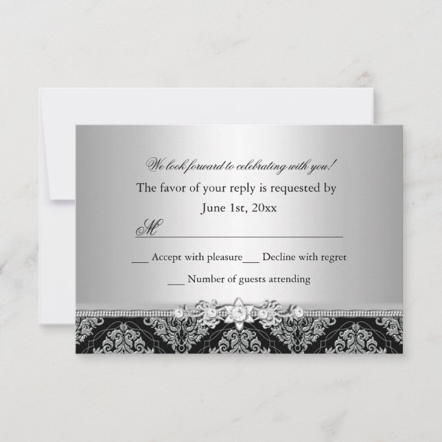 Silver & Black Damask RSVP OSA Kort (Framsida)
