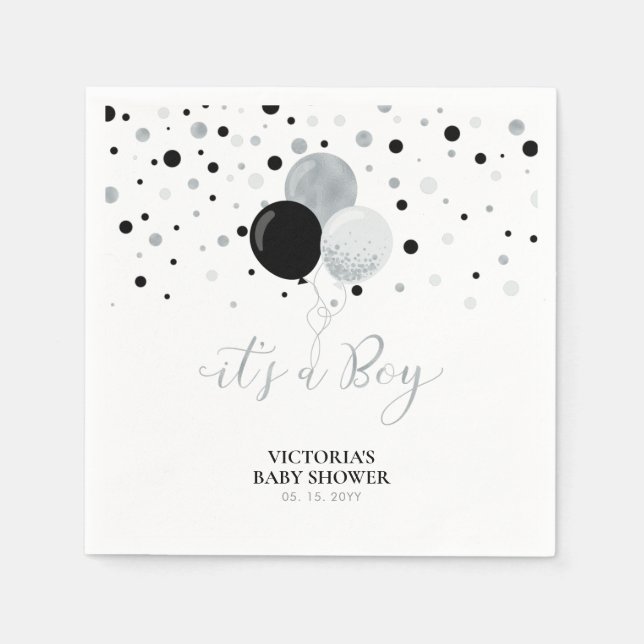Silver & Black Det är en pojke Baby Shower Servett (Framsidan)