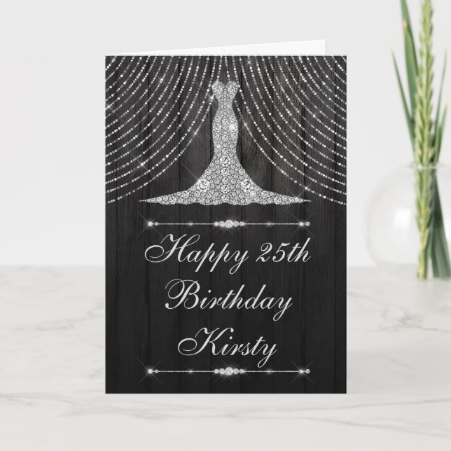 Silver Black Diamond Curtain Dress Birthday Kort (Framsida)