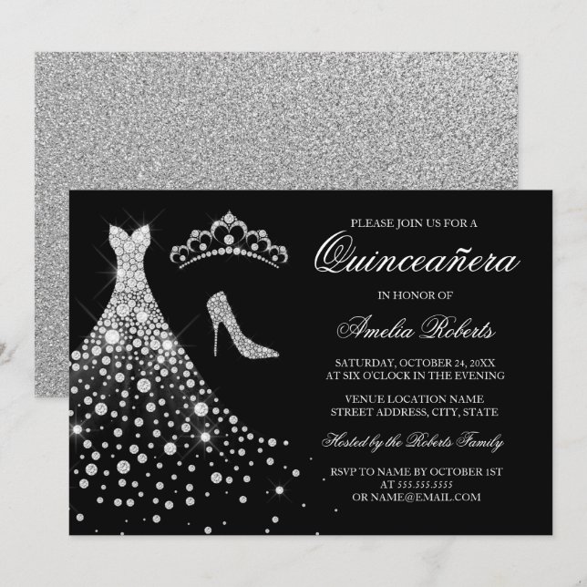 Silver Black Diamond Dress Tiara Quinceanera Inbjudningar (Fram/baksida)