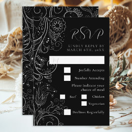 Silver Black Elegant Blommigt Bröllop Meal Choal  OSA Kort