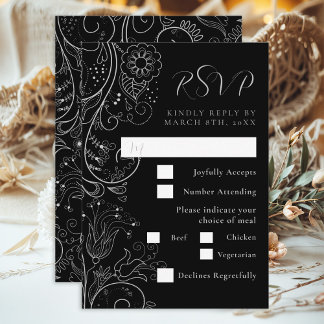 Silver Black Elegant Blommigt Bröllop Meal Choal  OSA Kort