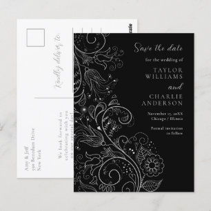 Silver Black Elegant Blommigt Bröllop spara datum Vykort