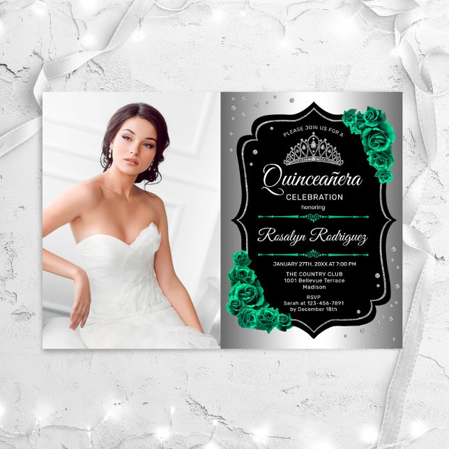 Silver Black Emerald Grönt Photo Quinceanera Inbjudningar (Skapare uppladdad)