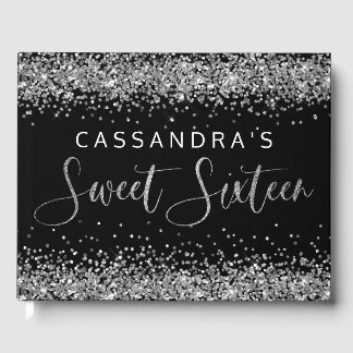 Silver Black Faux Glitter Sweet sixteen Guest Bok