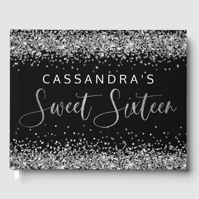 Silver Black Faux Glitter Sweet sixteen Guest Bok (Framsida)