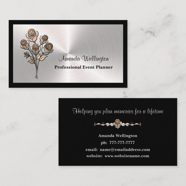 Silver & Black Floral Event Planner Business Card Visitkort (Fram/baksida)