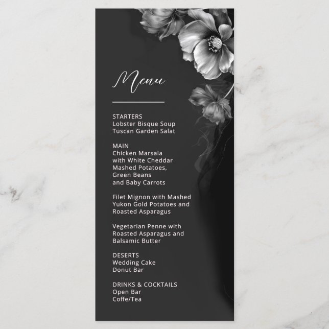 Silver Black Floral Wedding Meny (Framsida)